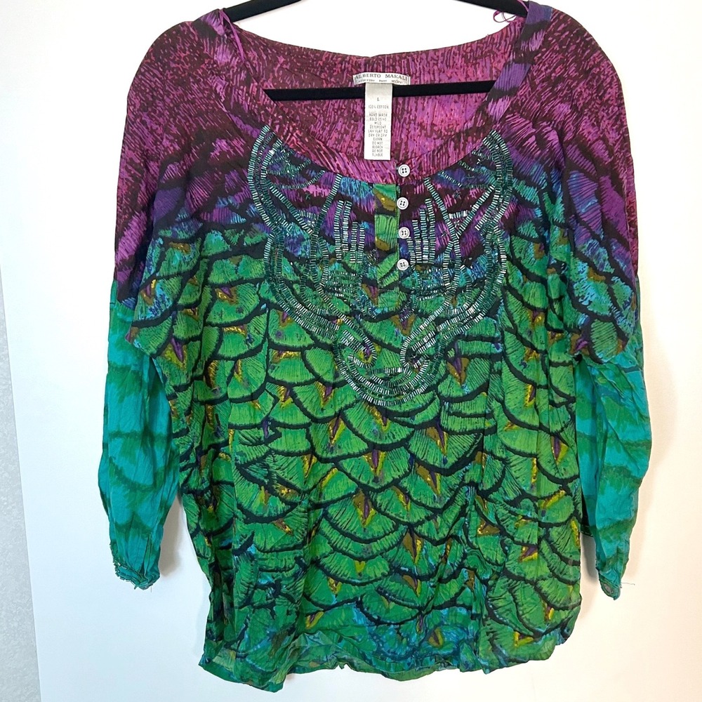 alberto makali large colorful peacock feather cotton beaded peasant blouse